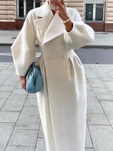 Aurohaya Elegant Audrey Hepburn Style Long Wool Coat with Double Breasted V Cut Collar for Women Vintage Fashion Winter Jacket